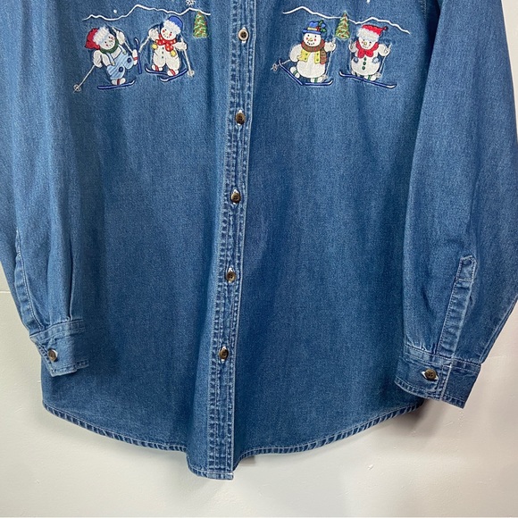 Nut Cracker Snowman Button Up Shirt Women’s Large Graphic Denim Long Sleeve VTG - Picture 3 of 16